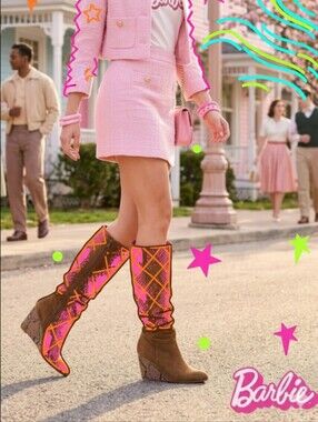 RARE Y2K Barbie x Town Shoes 50th Anniversary Suede Snakeskin Wedge Boots 6.5